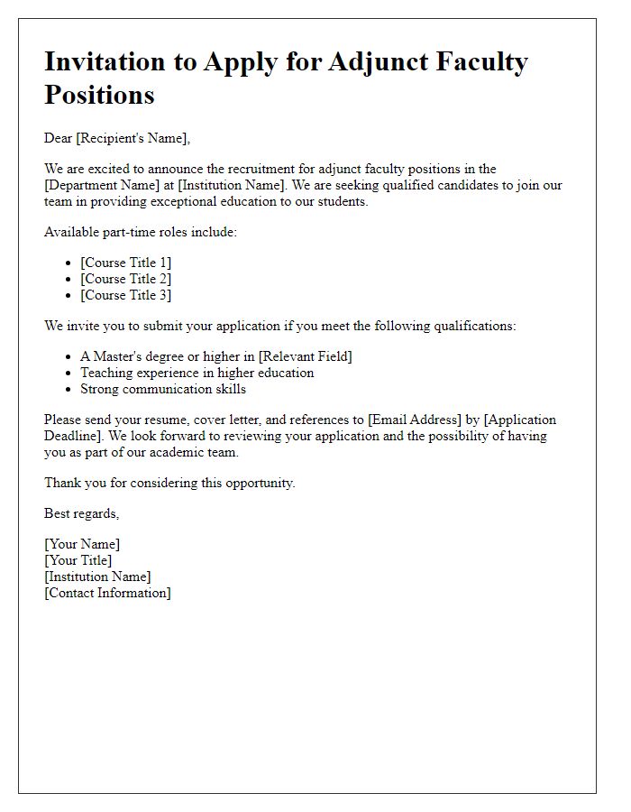 Letter template of adjunct faculty recruitment invitation for part-time roles