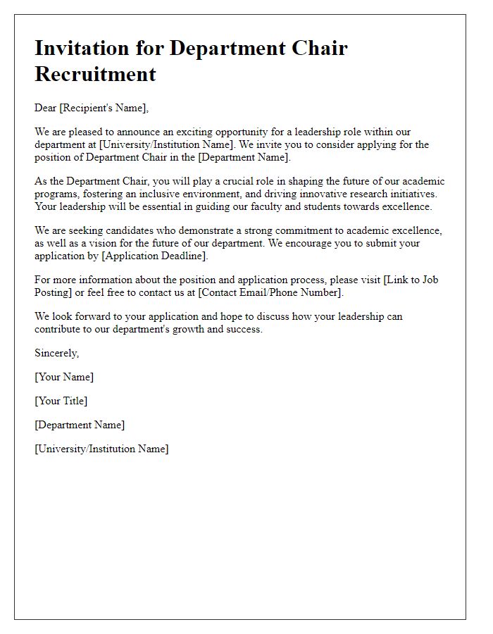 Letter template of department chair recruitment invitation for leadership roles in academia