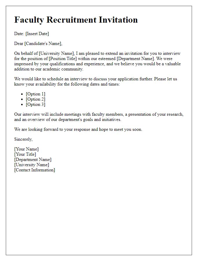 Letter template of faculty recruitment invitation for a university position