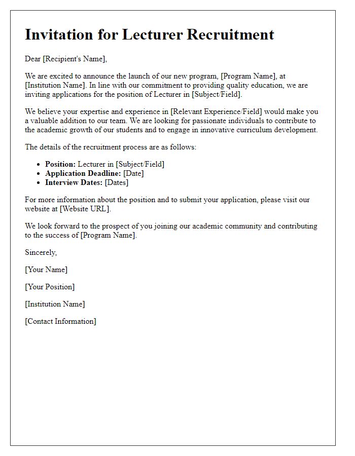 Letter template of lecturer recruitment invitation for a new program