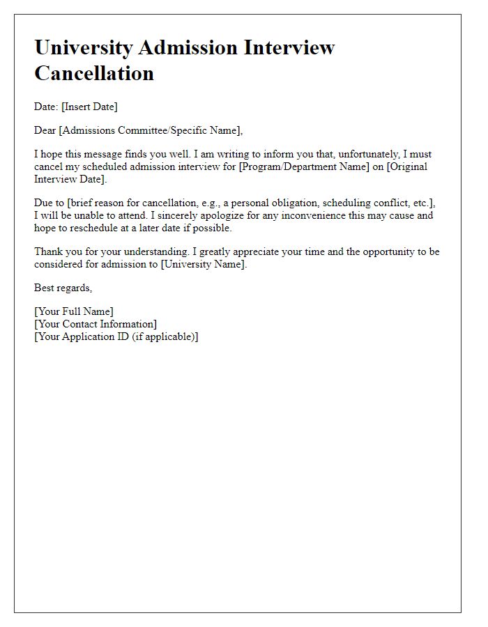 Letter template of university admission interview cancellation