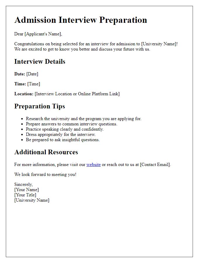 Letter template of university admission interview preparation