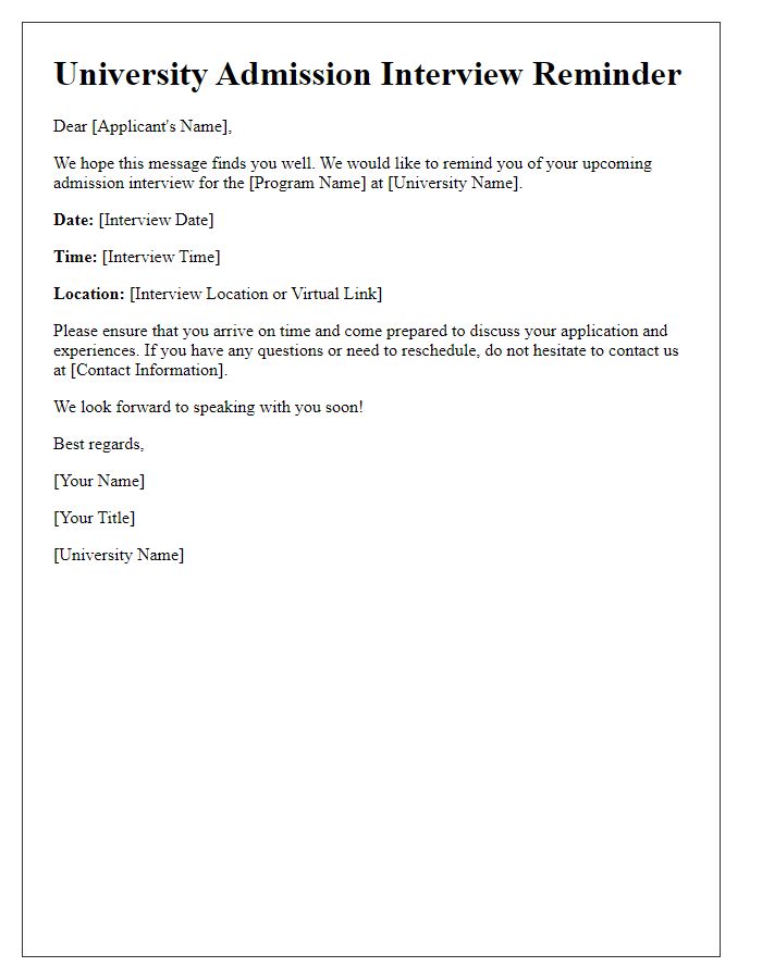 Letter template of university admission interview reminder