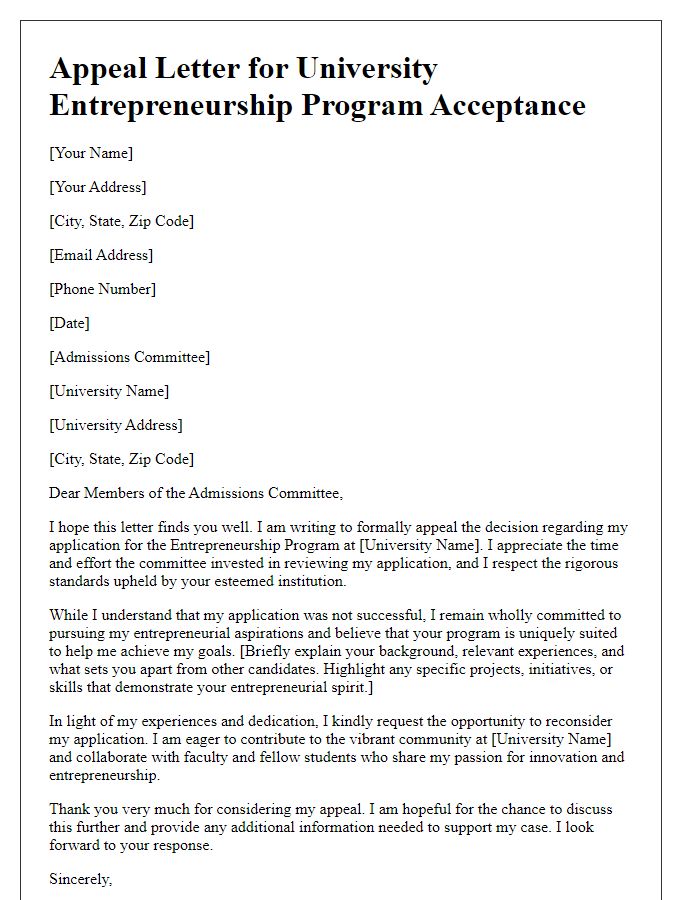 Letter template of appeal for university entrepreneurship program acceptance