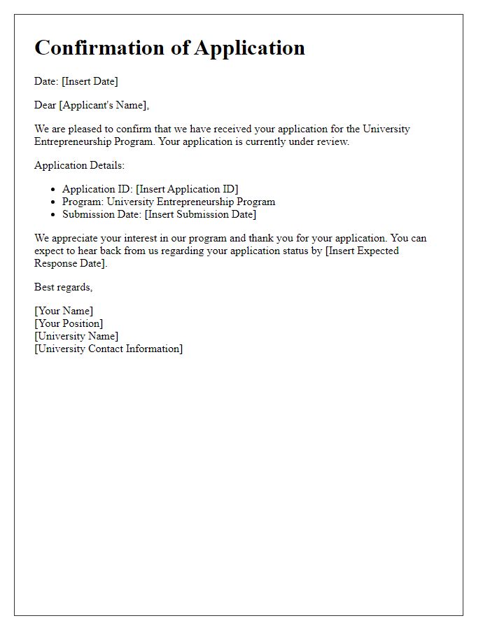 Letter template of confirmation for university entrepreneurship program application