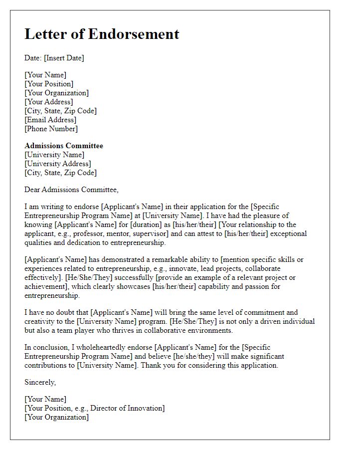 Letter template of endorsement for university entrepreneurship program application