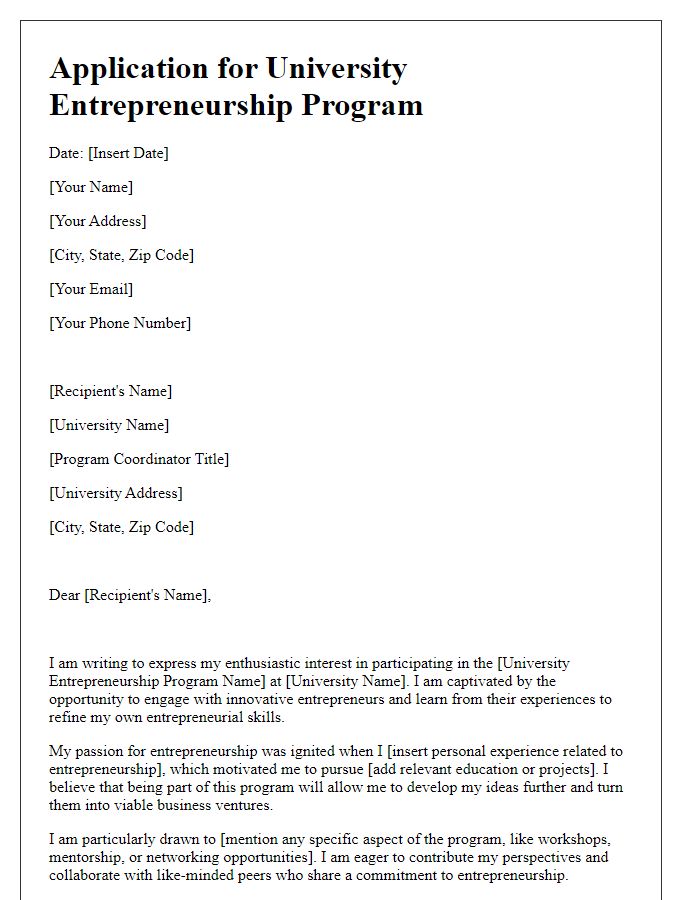 Letter template of enthusiasm for university entrepreneurship program participation