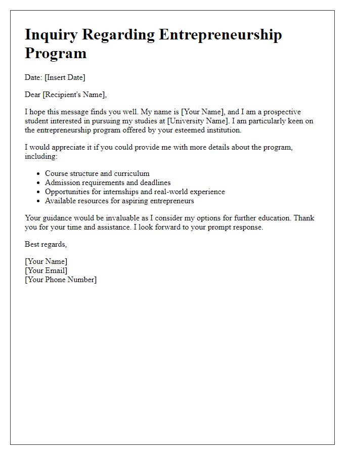 Letter template of inquiry about university entrepreneurship program details