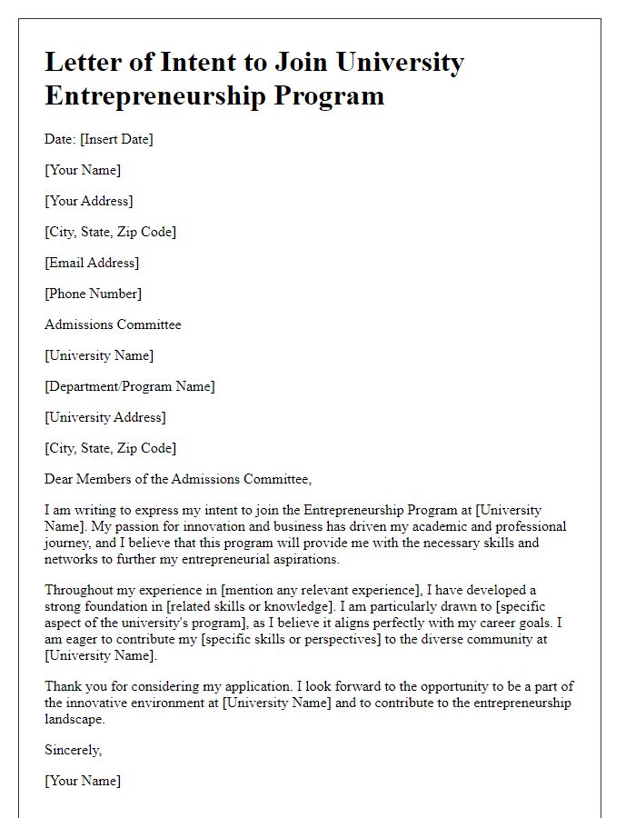 Letter template of intent to join university entrepreneurship program