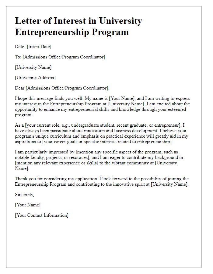 Letter template of interest in university entrepreneurship program enrollment