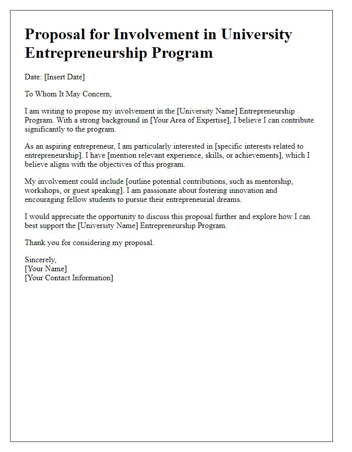 Letter template of proposal for university entrepreneurship program involvement