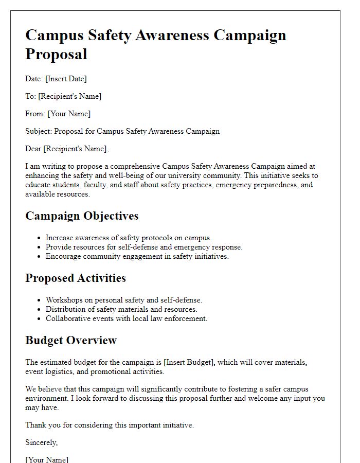 Letter template of university campus safety awareness campaign proposal