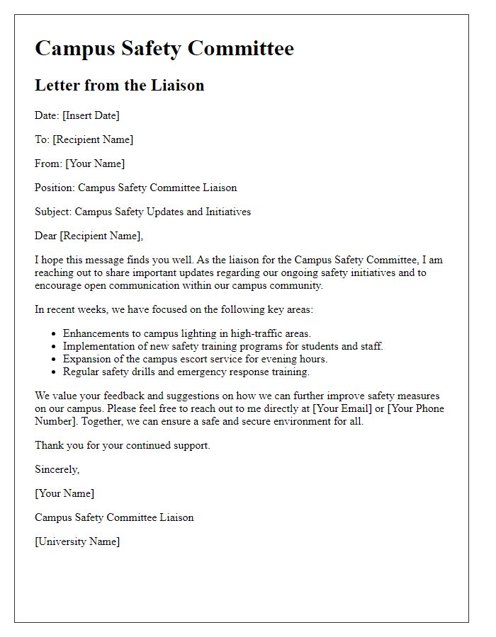 Letter template of university campus safety committee liaison