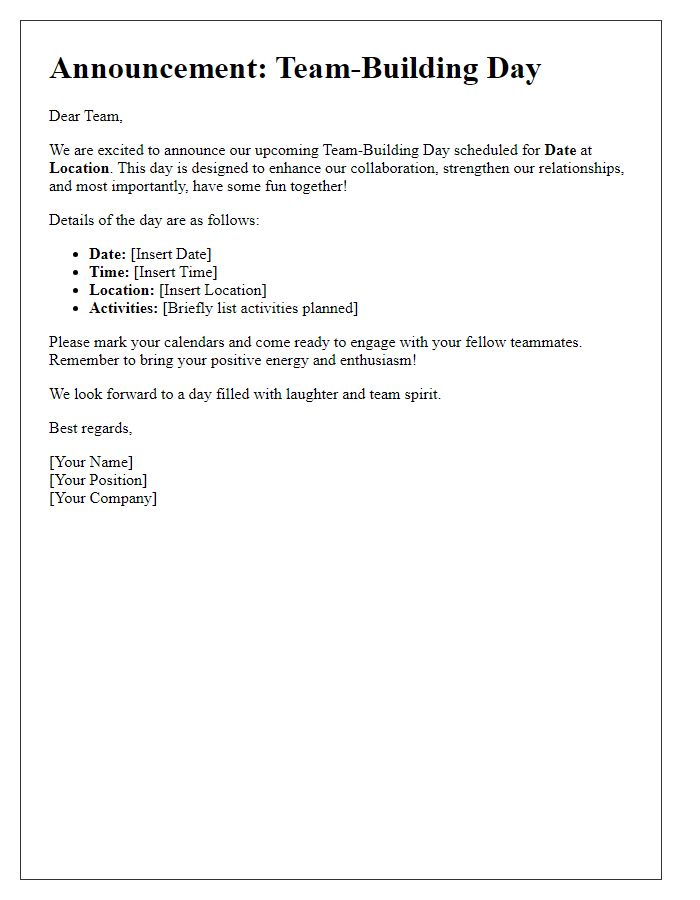 Letter template of announcement for team-building day