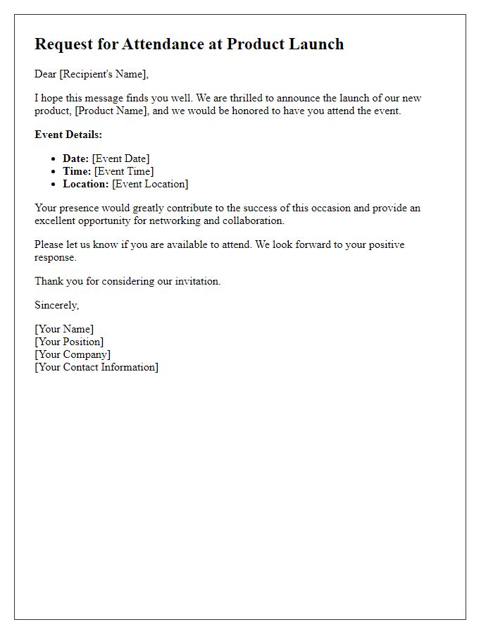 Letter template of request for attendance at product launch