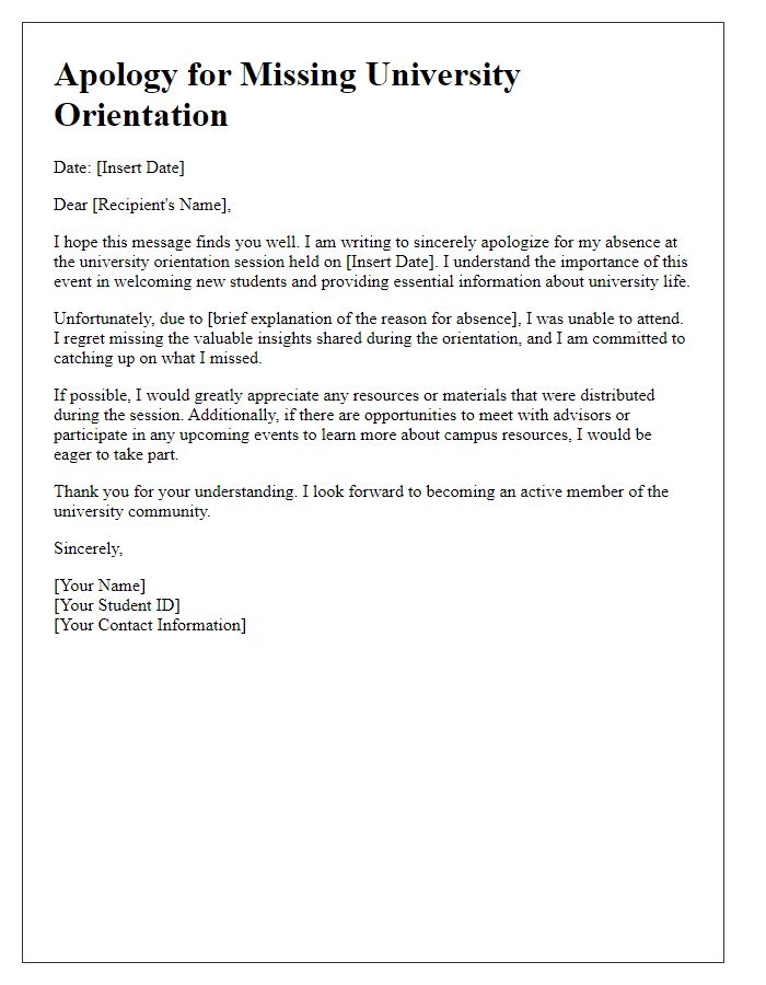 Letter template of apology for missing university orientation session