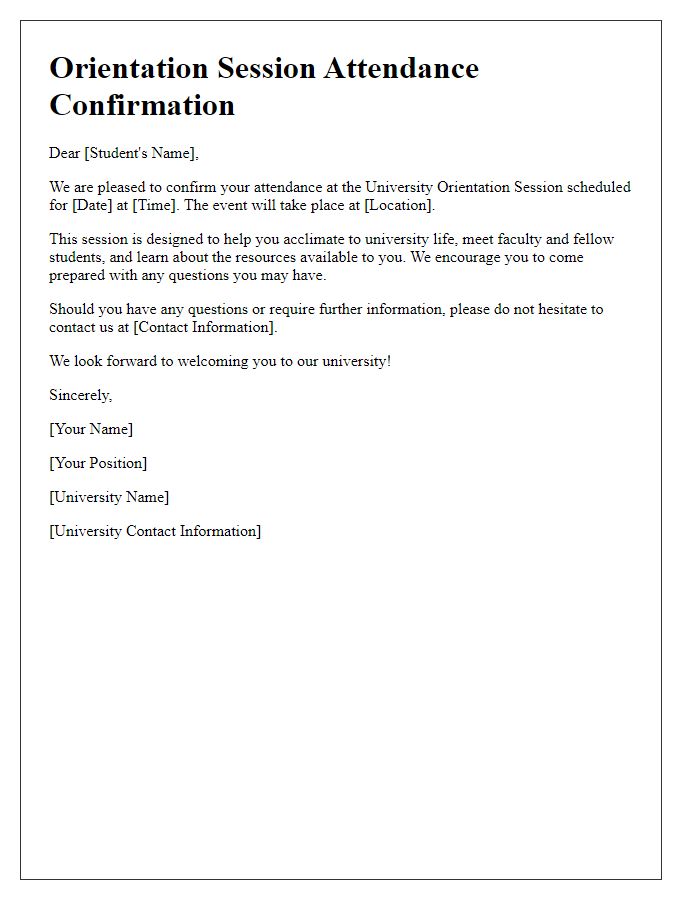 Letter template of confirmation for university orientation session attendance