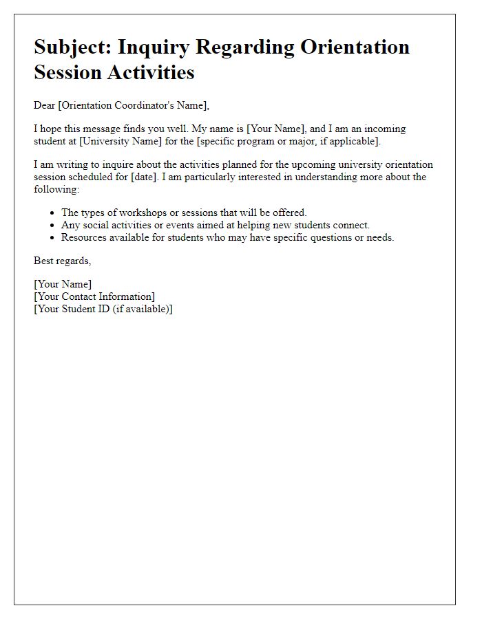 Letter template of a query about session activities in university orientation session