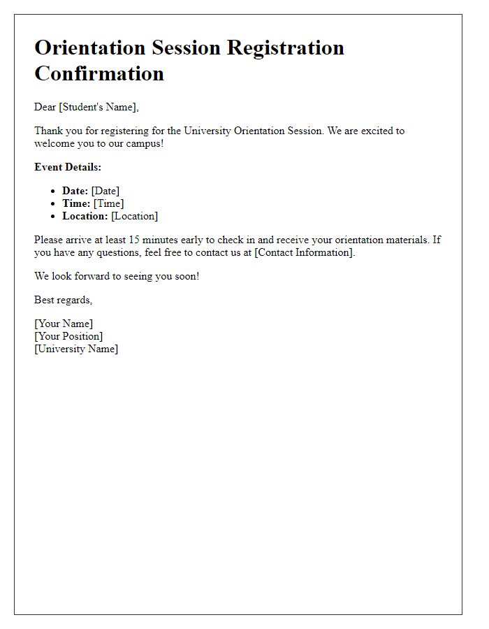 Letter template of registration for university orientation session