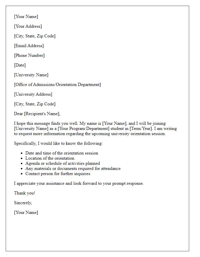 Letter template of request for information regarding university orientation session