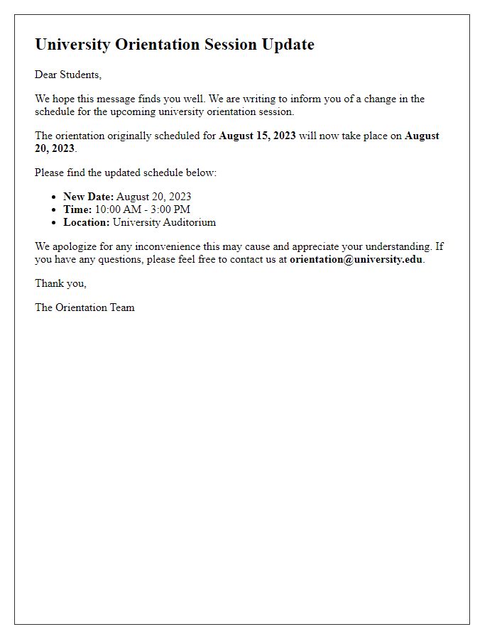 Letter template of scheduling changes for university orientation session