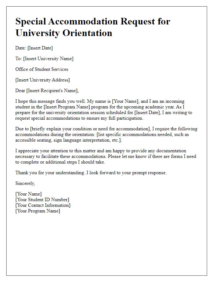 Letter template of special accommodation request for university orientation session