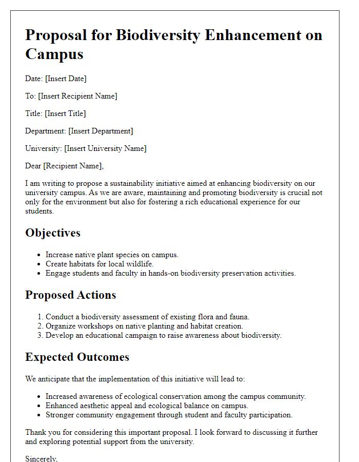 Letter template of university sustainability initiative proposal for biodiversity enhancement on campus.