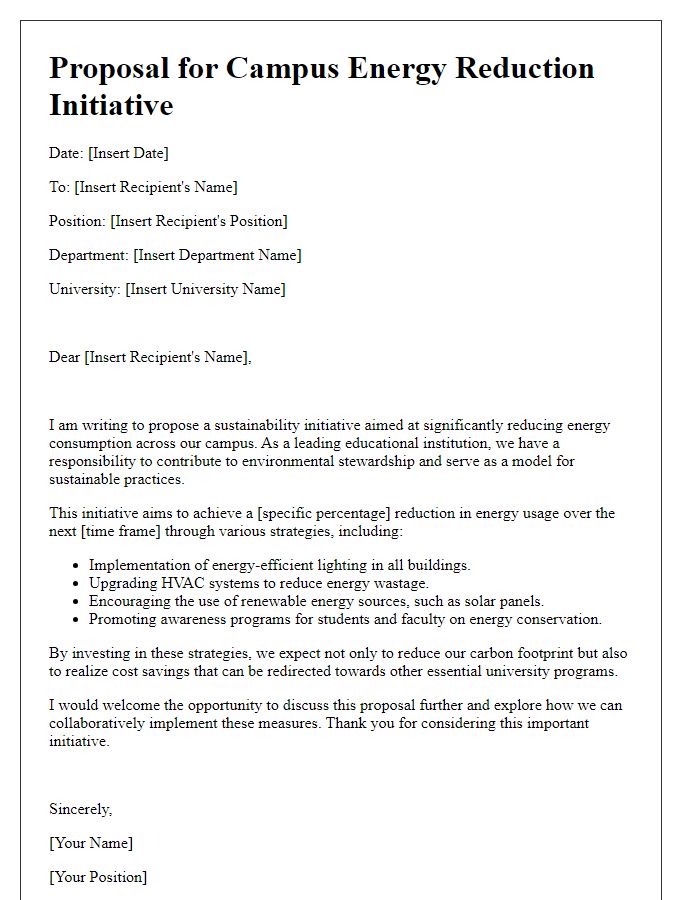 Letter template of university sustainability initiative proposal for campus energy reduction.