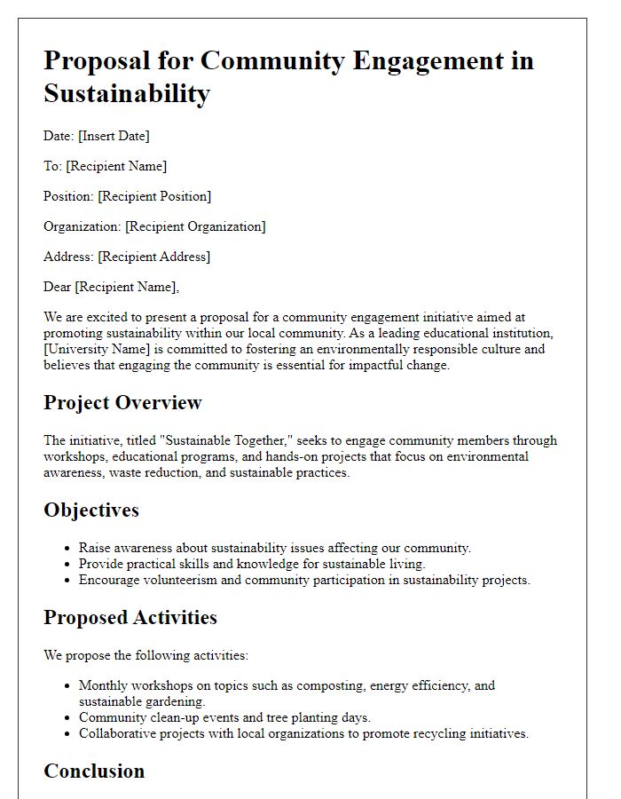 Letter template of university sustainability initiative proposal for community engagement in sustainability.