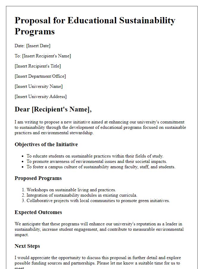 Letter template of university sustainability initiative proposal for educational sustainability programs.