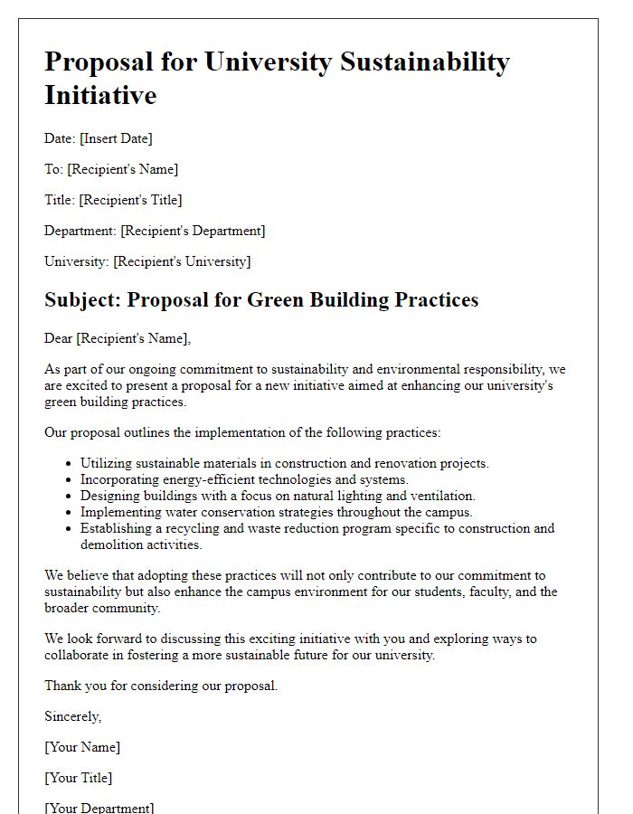 Letter template of university sustainability initiative proposal for green building practices.