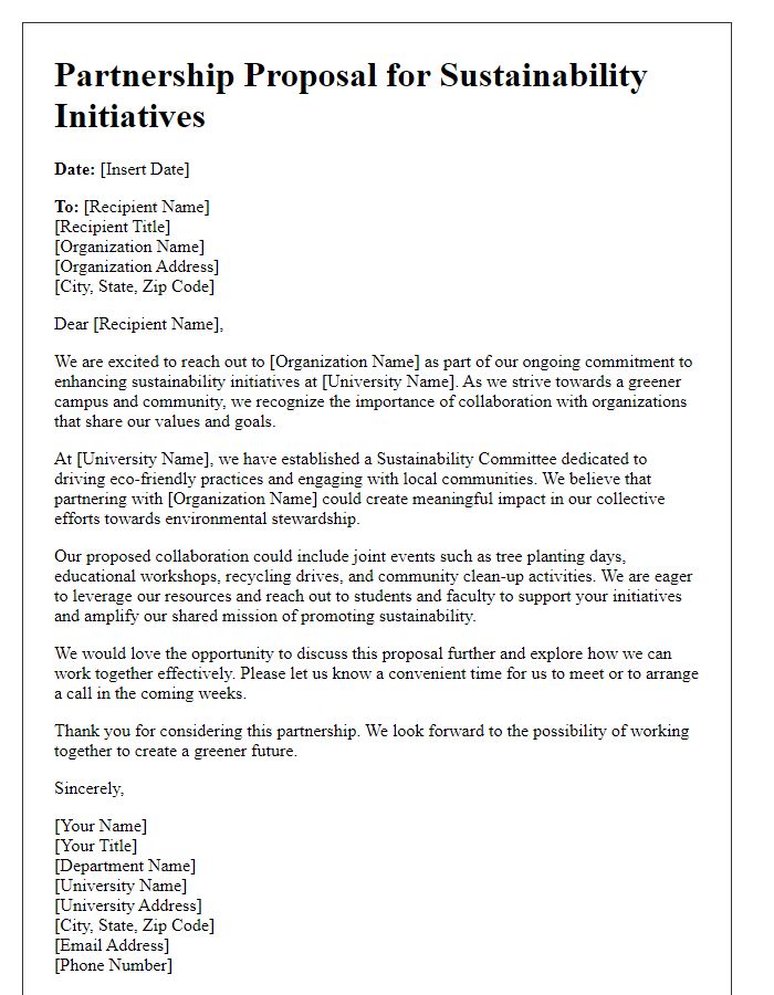 Letter template of university sustainability initiative proposal for partnerships with local environmental organizations.