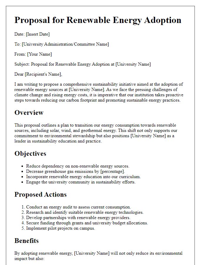 Letter template of university sustainability initiative proposal for renewable energy adoption.