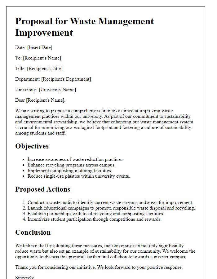 Letter template of university sustainability initiative proposal for waste management improvement.