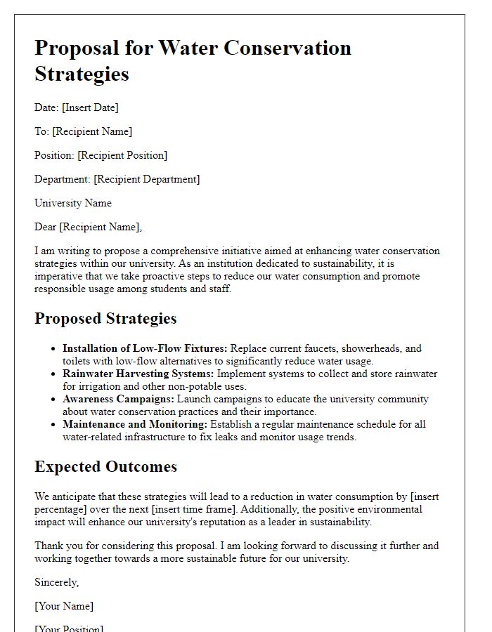 Letter template of university sustainability initiative proposal for water conservation strategies.