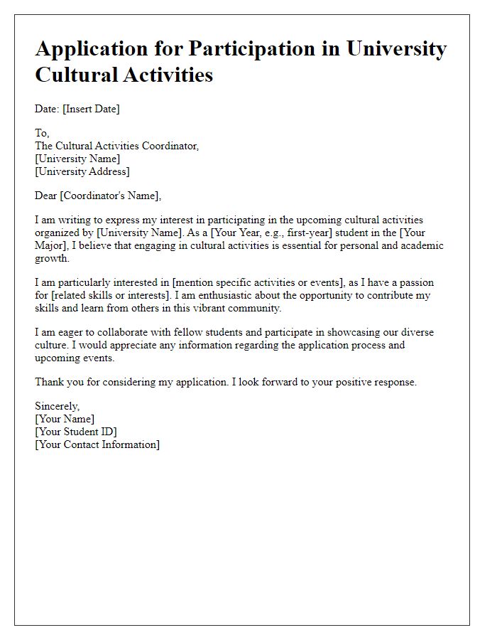 Letter template of application for participation in university cultural activities