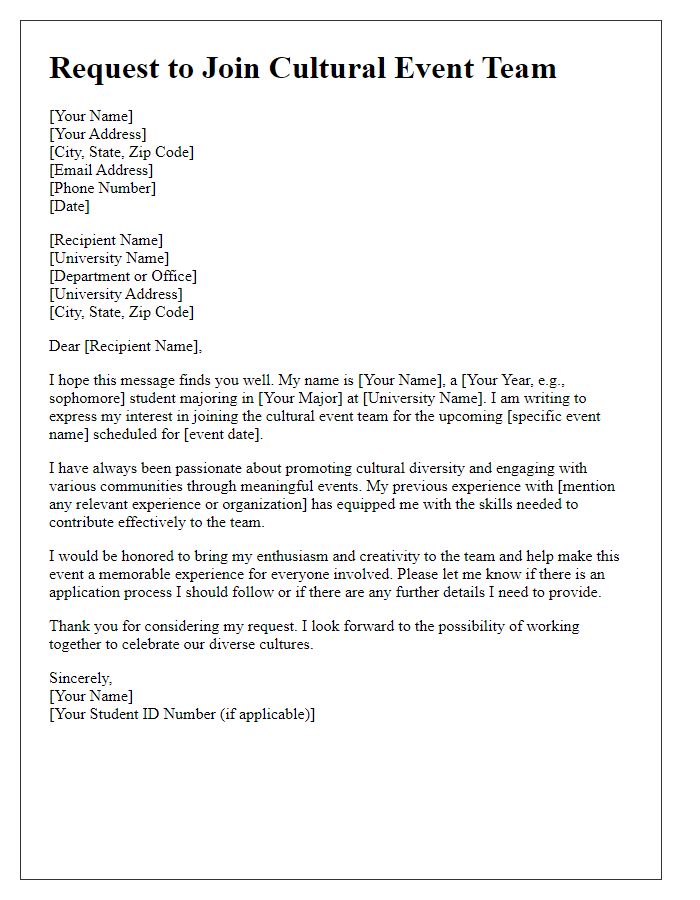 Letter template of request to join university cultural event team