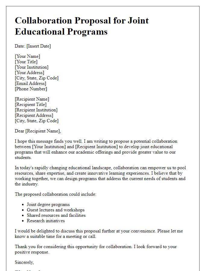 Letter template of collaboration proposal for joint educational programs.