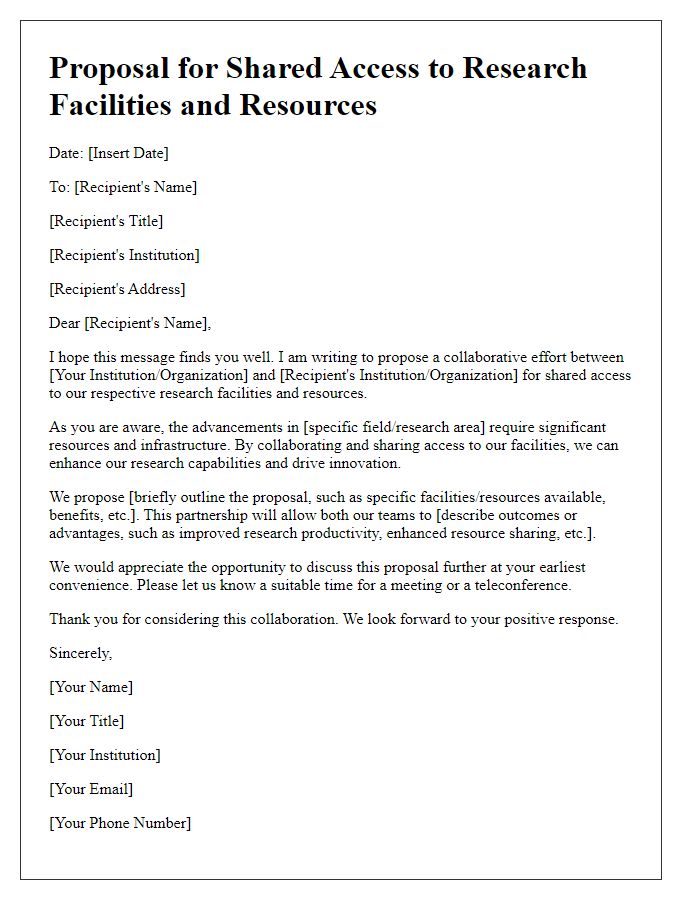 Letter template of proposal for shared access to research facilities and resources.