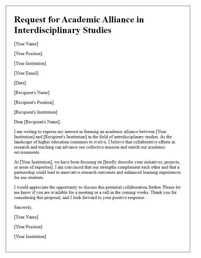 Letter template of request for academic alliance in interdisciplinary studies.