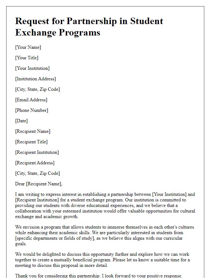 Letter template of request for partnership in student exchange programs.