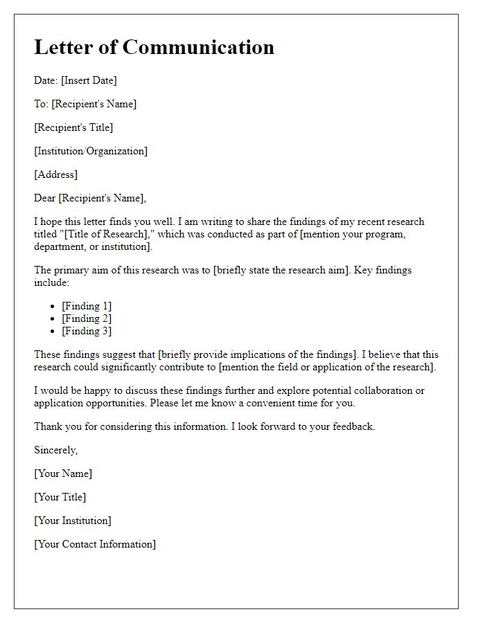 Letter template of academic research findings communication