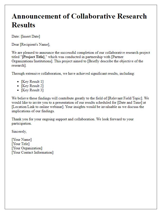 Letter template of collaborative research results announcement