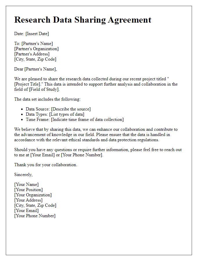 Letter template of research data sharing with partners