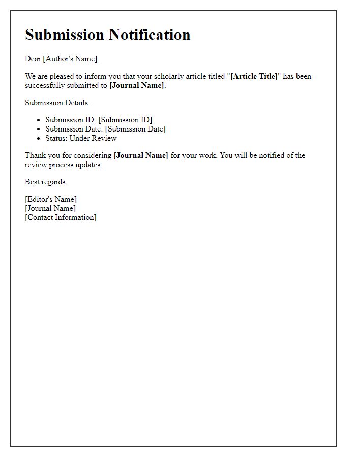 Letter template of scholarly article submission notification