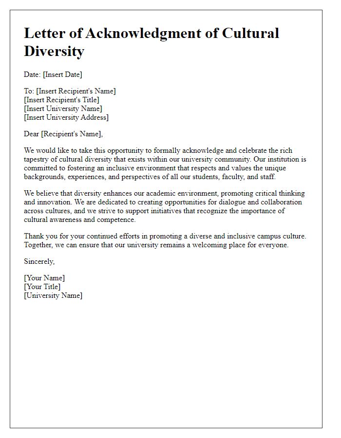 Letter template of acknowledgment of cultural diversity at the university