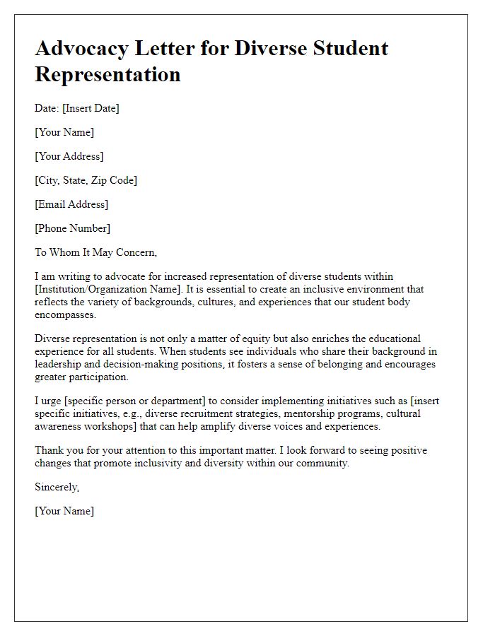 Letter template of advocacy for diverse student representation