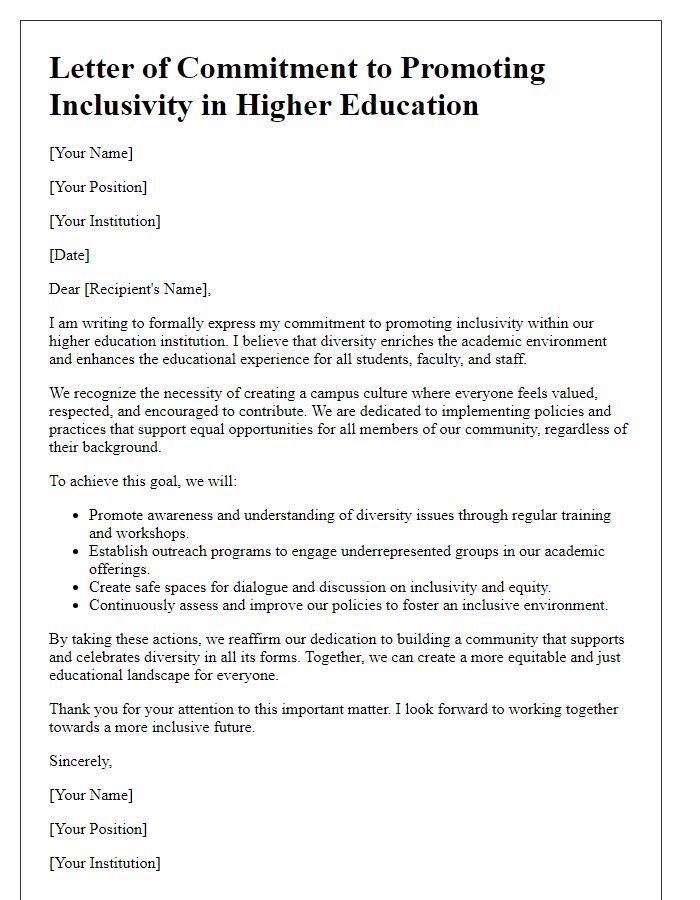 Letter template of commitment to promoting inclusivity in higher education