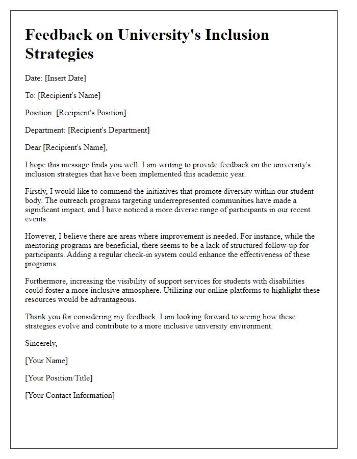 Letter template of feedback on the university's inclusion strategies