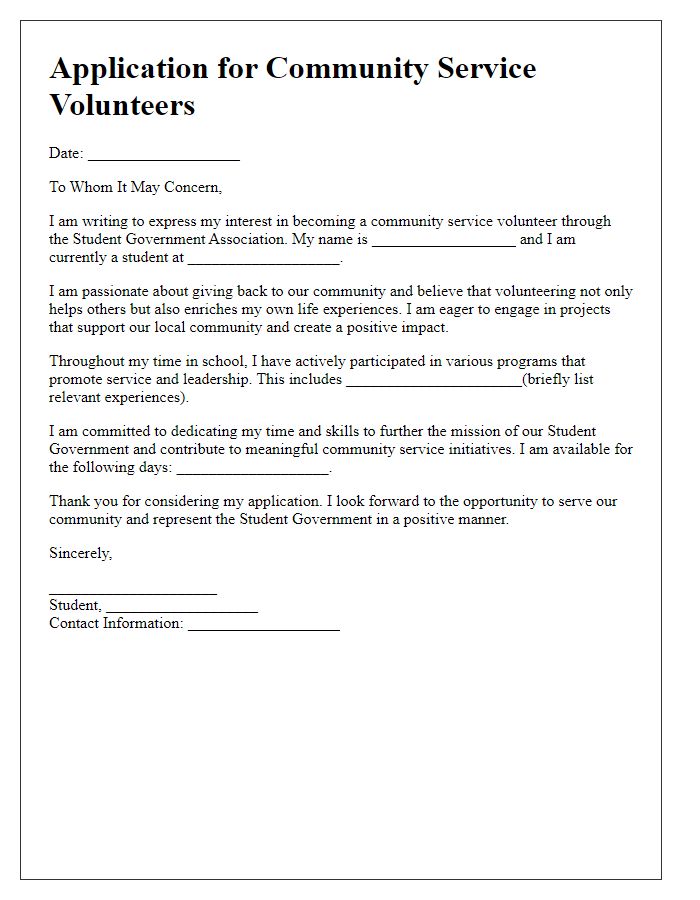 Letter template of student government application for community service volunteers.